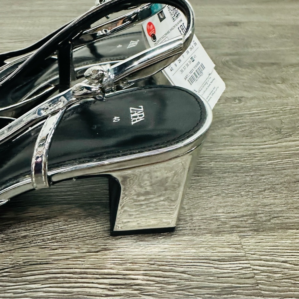 Zara NWT Metallic Silver Block Heel Slingback Heels Size 40 - Picture 6 of 13